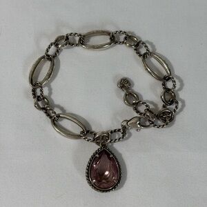 Brighton Vintage Silver Plate and Pink Stone Charm Bracelet Breast Cancer